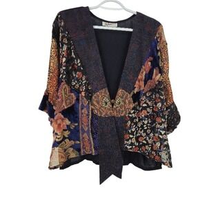 Mixed Floral Velvet-Trim Kimono Jacket in Navy and Multi